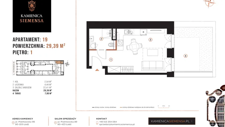Rzut - Mieszkanie na sprzedaż 1 pokój o powierzchni 29,39 m² - numer 19 w Kamienica Siemensa