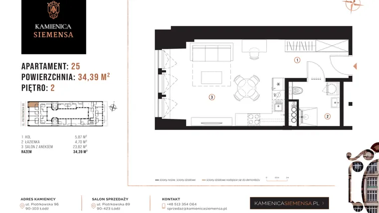 Rzut - Mieszkanie na sprzedaż 1 pokój o powierzchni 34,39 m² - numer 25 w Kamienica Siemensa