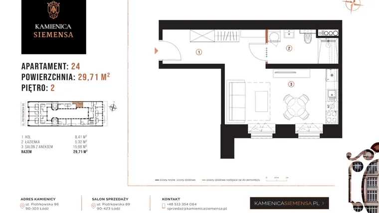 Rzut - Mieszkanie na sprzedaż 1 pokój o powierzchni 29,71 m² - numer 24 w Kamienica Siemensa