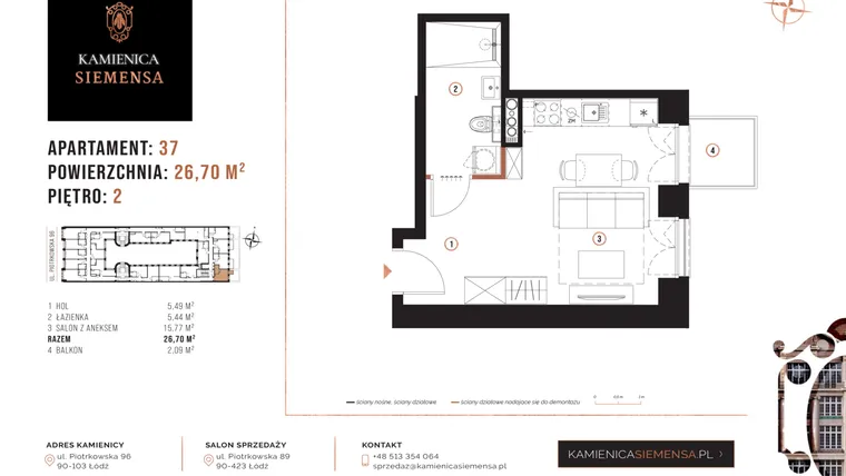 Rzut - Mieszkanie na sprzedaż 1 pokój o powierzchni 26,7 m² - numer 37 w Kamienica Siemensa