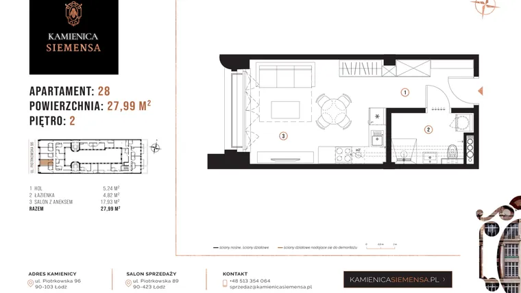 Rzut - Mieszkanie na sprzedaż 1 pokój o powierzchni 27,99 m² - numer 28 w Kamienica Siemensa