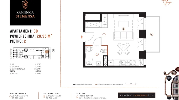Rzut - Mieszkanie na sprzedaż 1 pokój o powierzchni 28,95 m² - numer 39 w Kamienica Siemensa