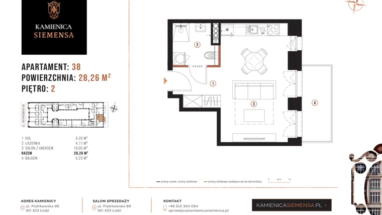 Rzut - Mieszkanie na sprzedaż 1 pokój o powierzchni 28,26 m² - numer 38 w Kamienica Siemensa