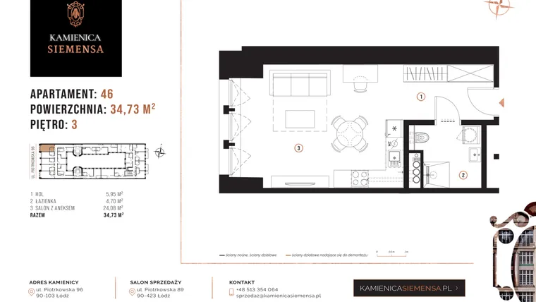 Rzut - Mieszkanie na sprzedaż 1 pokój o powierzchni 34,73 m² - numer 46 w Kamienica Siemensa