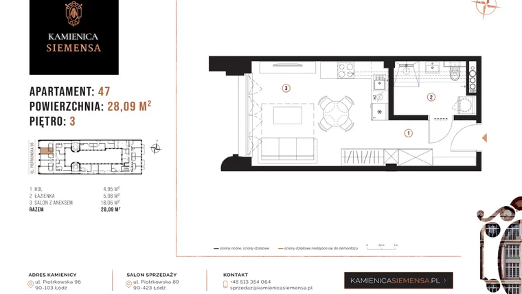Rzut - Mieszkanie na sprzedaż 1 pokój o powierzchni 27,96 m² - numer 47 w Kamienica Siemensa