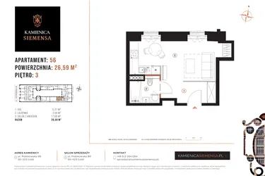 Rzut - Mieszkanie na sprzedaż 1 pokój o powierzchni 26,78 m² - numer 56 w Kamienica Siemensa