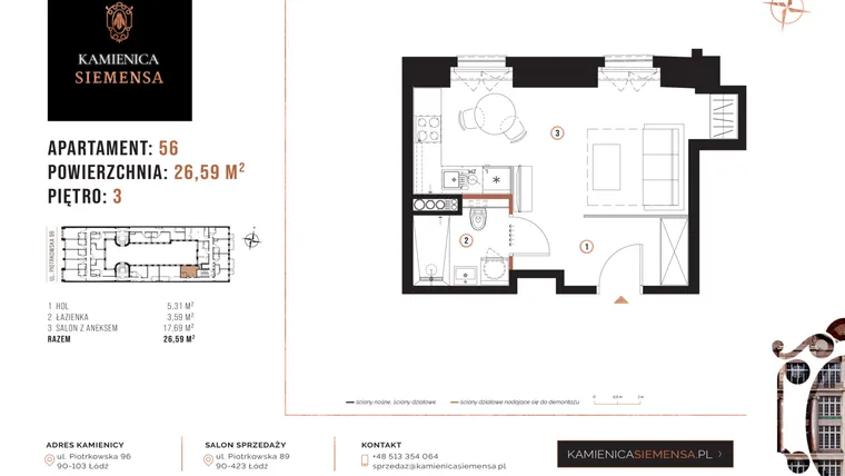 Rzut - Mieszkanie na sprzedaż 1 pokój o powierzchni 26,78 m² - numer 56 w Kamienica Siemensa