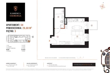 Rzut - Mieszkanie na sprzedaż 1 pokój o powierzchni 26,68 m² - numer 58 w Kamienica Siemensa
