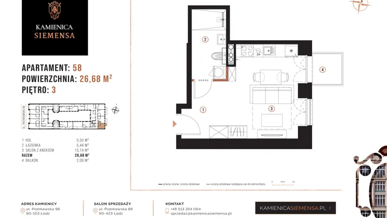 Rzut - Mieszkanie na sprzedaż 1 pokój o powierzchni 26,68 m² - numer 58 w Kamienica Siemensa