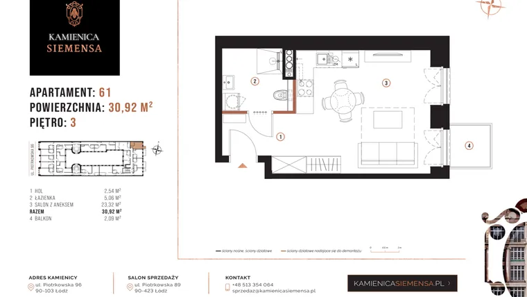 Rzut - Mieszkanie na sprzedaż 1 pokój o powierzchni 30,92 m² - numer 61 w Kamienica Siemensa