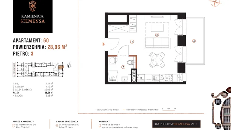 Rzut - Mieszkanie na sprzedaż 1 pokój o powierzchni 28,96 m² - numer 60 w Kamienica Siemensa