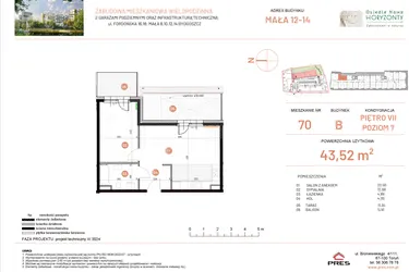 Rzut - Mieszkanie na sprzedaż 2 pokoje o powierzchni 43,52 m² - numer 12.70 w Osiedle Nowe Horyzonty etap III
