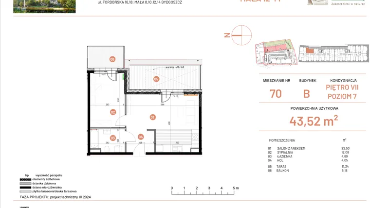 Rzut - Mieszkanie na sprzedaż 2 pokoje o powierzchni 43,52 m² - numer 12.70 w Osiedle Nowe Horyzonty etap III