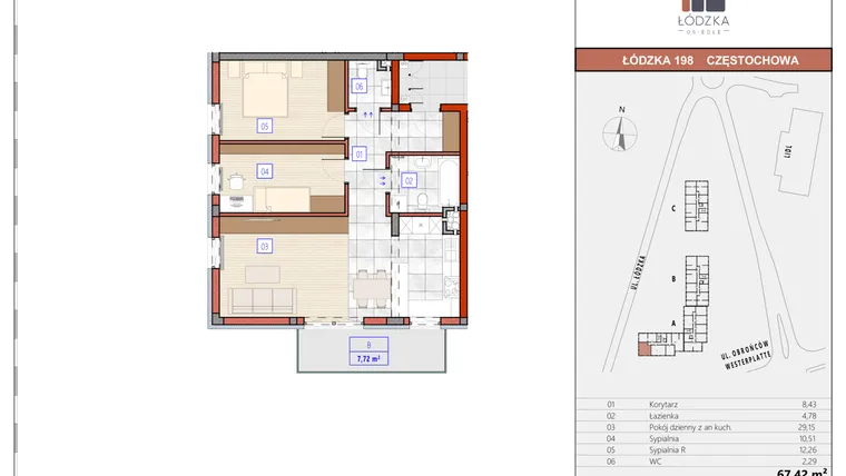 Rzut - Mieszkanie na sprzedaż 3 pokoje o powierzchni 67,84 m² - numer A.M.11 w Łódzka Osiedle