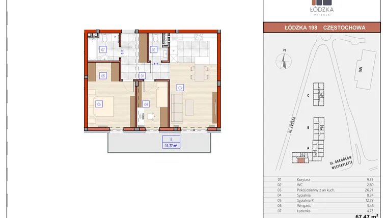 Rzut - Mieszkanie na sprzedaż 3 pokoje o powierzchni 67,71 m² - numer A.M.20 w Łódzka Osiedle