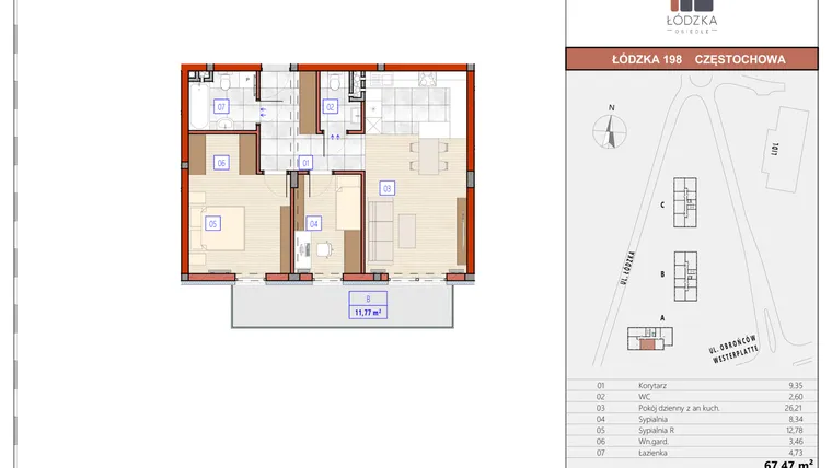 Rzut - Mieszkanie na sprzedaż 3 pokoje o powierzchni 67,59 m² - numer A.M.25 w Łódzka Osiedle