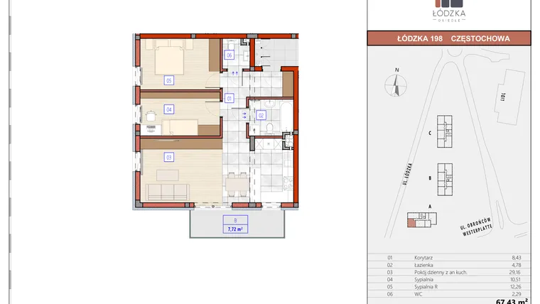 Rzut - Mieszkanie na sprzedaż 3 pokoje o powierzchni 67,55 m² - numer A.M.26 w Łódzka Osiedle