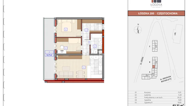 Rzut - Mieszkanie na sprzedaż 3 pokoje o powierzchni 63,31 m² - numer B.M.06 w Łódzka Osiedle