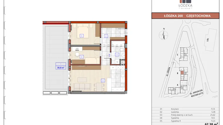 Rzut - Mieszkanie na sprzedaż 3 pokoje o powierzchni 62,7 m² - numer B.M.03 w Łódzka Osiedle