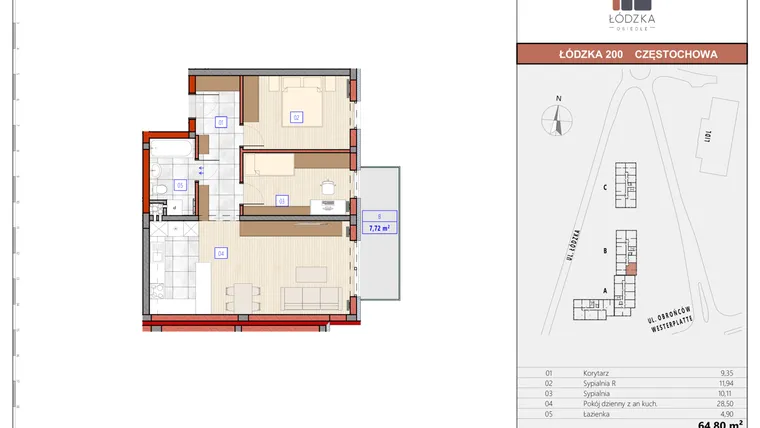 Rzut - Mieszkanie na sprzedaż 3 pokoje o powierzchni 65,03 m² - numer B.M.12 w Łódzka Osiedle