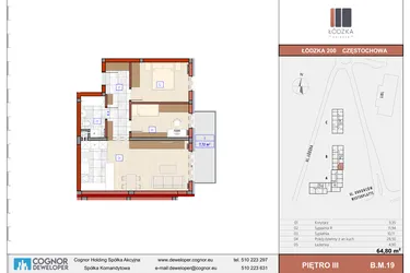 Rzut - Mieszkanie na sprzedaż 3 pokoje o powierzchni 64,85 m² - numer B.M.19 w Łódzka Osiedle