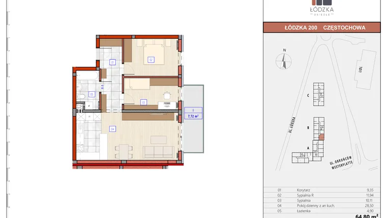 Rzut - Mieszkanie na sprzedaż 3 pokoje o powierzchni 64,85 m² - numer B.M.19 w Łódzka Osiedle
