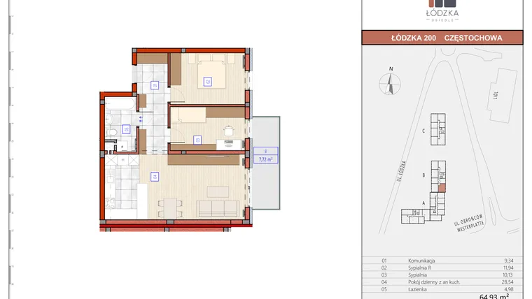 Rzut - Mieszkanie na sprzedaż 3 pokoje o powierzchni 65,15 m² - numer B.M.26 w Łódzka Osiedle