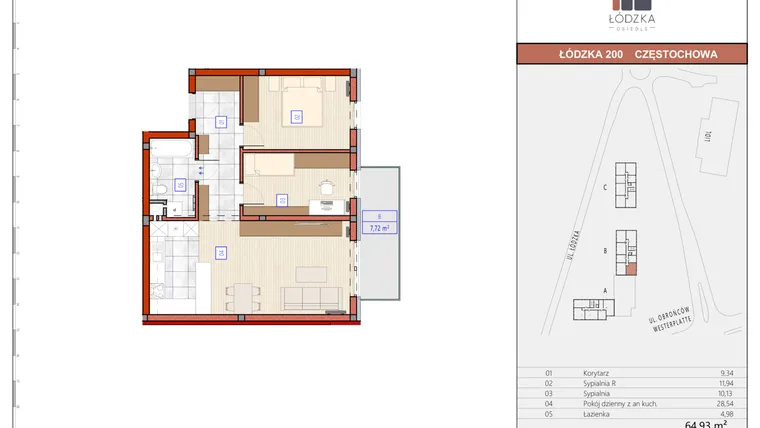 Rzut - Mieszkanie na sprzedaż 3 pokoje o powierzchni 64,99 m² - numer B.M.33 w Łódzka Osiedle