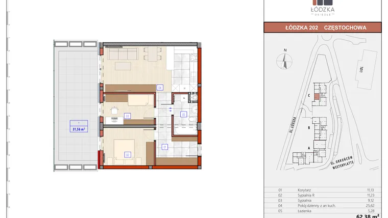 Rzut - Mieszkanie na sprzedaż 3 pokoje o powierzchni 62,46 m² - numer C.M.01 w Łódzka Osiedle