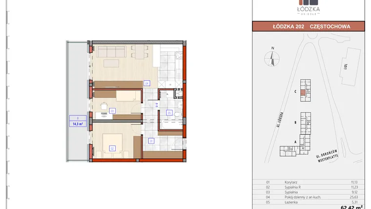Rzut - Mieszkanie na sprzedaż 3 pokoje o powierzchni 62,46 m² - numer C.M.06 w Łódzka Osiedle