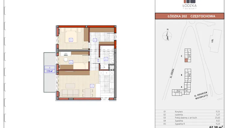 Rzut - Mieszkanie na sprzedaż 3 pokoje o powierzchni 62,28 m² - numer C.M.12 w Łódzka Osiedle
