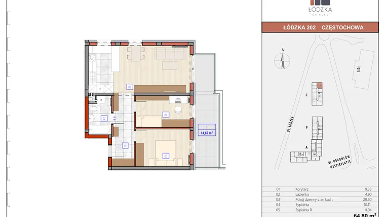 Rzut - Mieszkanie na sprzedaż 3 pokoje o powierzchni 64,82 m² - numer C.M.09 w Łódzka Osiedle