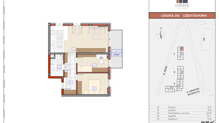 Rzut - Mieszkanie na sprzedaż 3 pokoje o powierzchni 64,64 m² - numer C.M.16 w Łódzka Osiedle