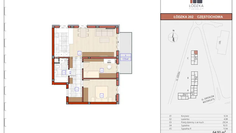 Rzut - Mieszkanie na sprzedaż 3 pokoje o powierzchni 64,94 m² - numer C.M.30 w Łódzka Osiedle