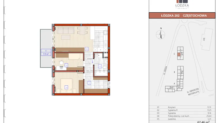 Rzut - Mieszkanie na sprzedaż 3 pokoje o powierzchni 62,6 m² - numer C.M.27 w Łódzka Osiedle