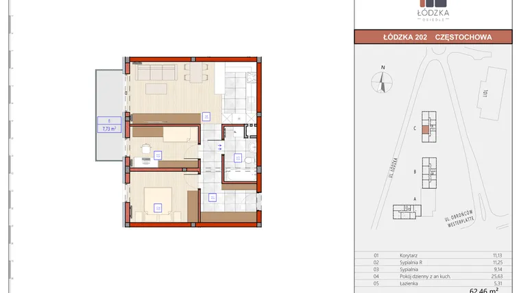 Rzut - Mieszkanie na sprzedaż 3 pokoje o powierzchni 62,48 m² - numer C.M.34 w Łódzka Osiedle