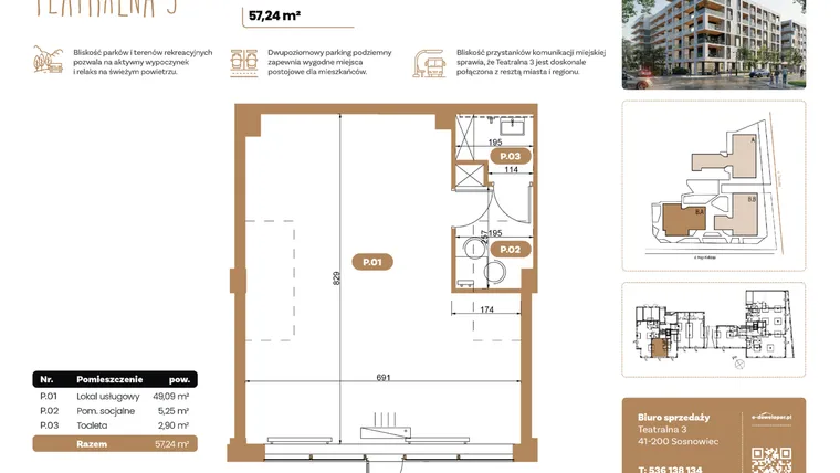 Rzut - Lokal użytkowy na sprzedaż 1 pokój o powierzchni 57,24 m² - numer BL 02 w Teatralna 3