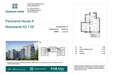 Rzut - Mieszkanie na sprzedaż 2 pokoje o powierzchni 39,44 m² - numer A2.1.05 w Premier Park II