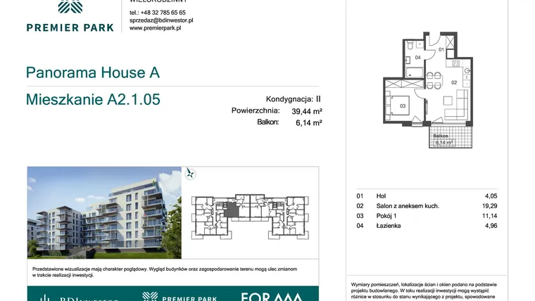 Rzut - Mieszkanie na sprzedaż 2 pokoje o powierzchni 39,44 m² - numer A2.1.05 w Premier Park II