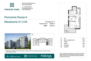 Rzut - Mieszkanie na sprzedaż 3 pokoje o powierzchni 48,89 m² - numer A1.4.04 w Premier Park II