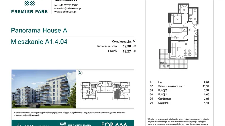 Rzut - Mieszkanie na sprzedaż 3 pokoje o powierzchni 48,89 m² - numer A1.4.04 w Premier Park II