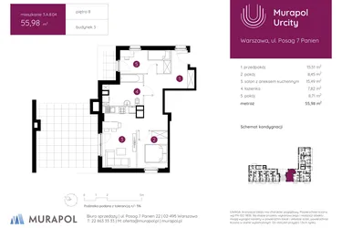 Rzut - Mieszkanie na sprzedaż 3 pokoje o powierzchni 55,98 m² - numer 3.A.8.04 w Murapol Urcity