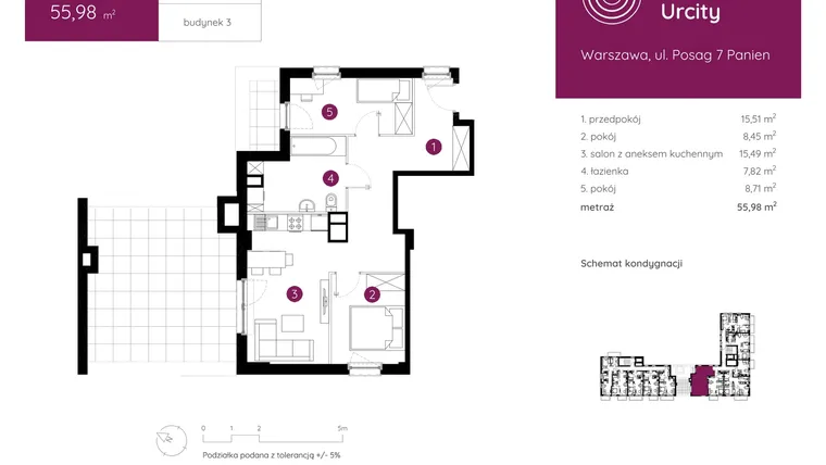Rzut - Mieszkanie na sprzedaż 3 pokoje o powierzchni 55,98 m² - numer 3.A.8.04 w Murapol Urcity