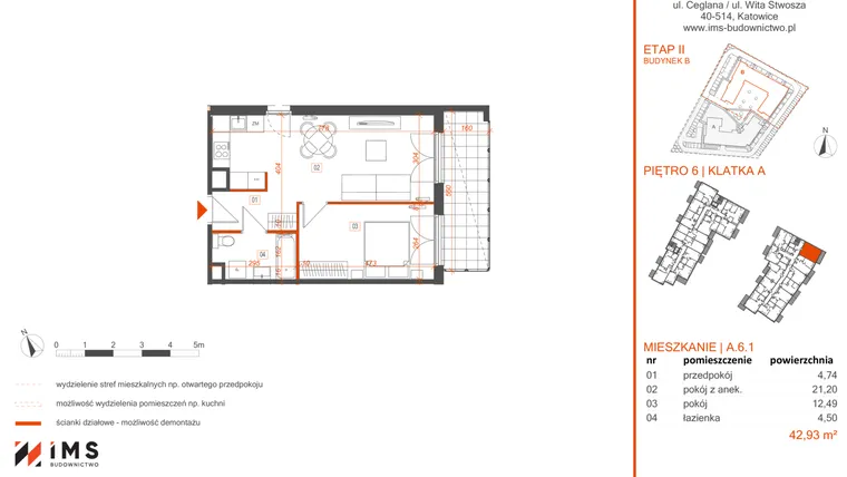 Rzut - Mieszkanie na sprzedaż 2 pokoje o powierzchni 42,85 m² - numer A.6.1 w Rondo Ceglana etap II