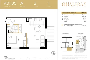 Rzut - Mieszkanie na sprzedaż 2 pokoje o powierzchni 43,17 m² - numer A.01.05 w Hallera 140