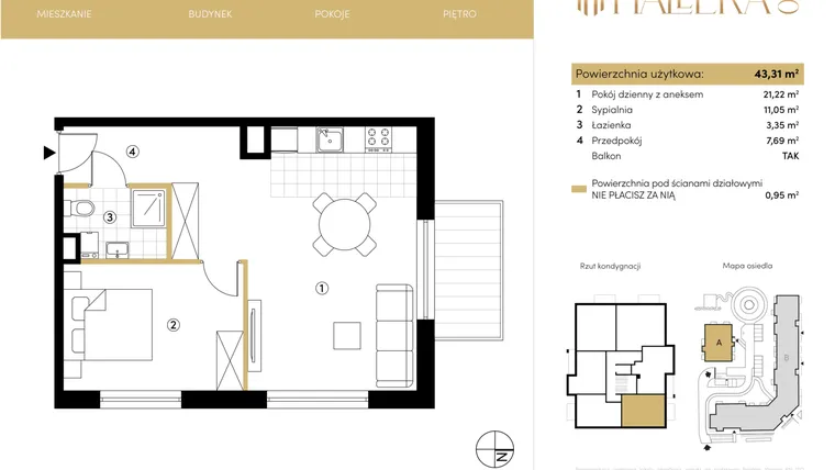 Rzut - Mieszkanie na sprzedaż 2 pokoje o powierzchni 43,17 m² - numer A.01.05 w Hallera 140