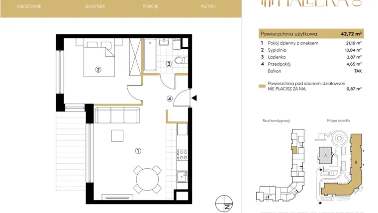 Rzut - Mieszkanie na sprzedaż 2 pokoje o powierzchni 42,75 m² - numer B.02.05 w Hallera 140