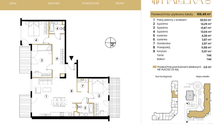 Rzut - Mieszkanie na sprzedaż 4 pokoje o powierzchni 62,77 m² - numer B.05.06 w Hallera 140