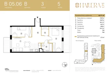 Rzut - Mieszkanie na sprzedaż 4 pokoje o powierzchni 62,77 m² - numer B.05.06 w Hallera 140