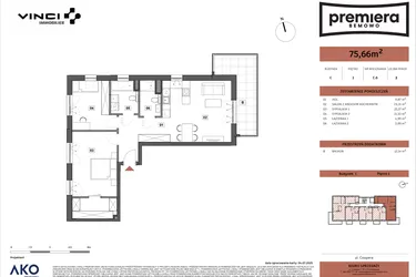 Rzut - Mieszkanie na sprzedaż 3 pokoje o powierzchni 75,66 m² - numer C.06 w Premiera Bemowo